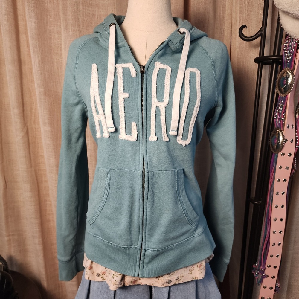 Aeropostale AERO Teal Full Zip Hoodie M Distressed Applique Y2K Mall Style - Picture 2 of 7